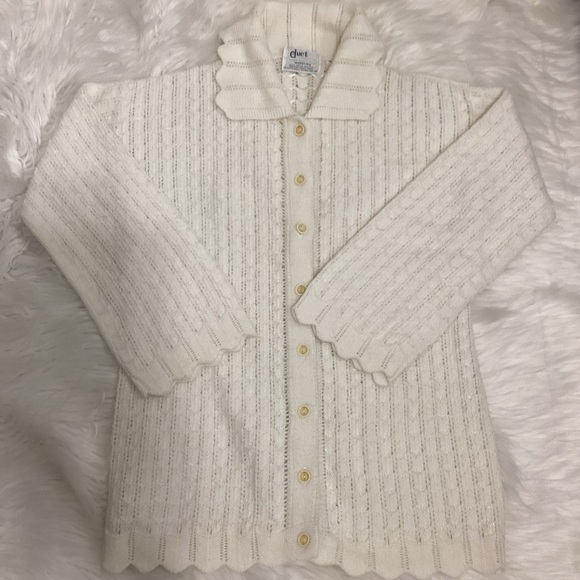 Women’s Cream Knit Collared LS Button Down Sweater Cardigan Zigzag Hem/Edges - Picture 5 of 5